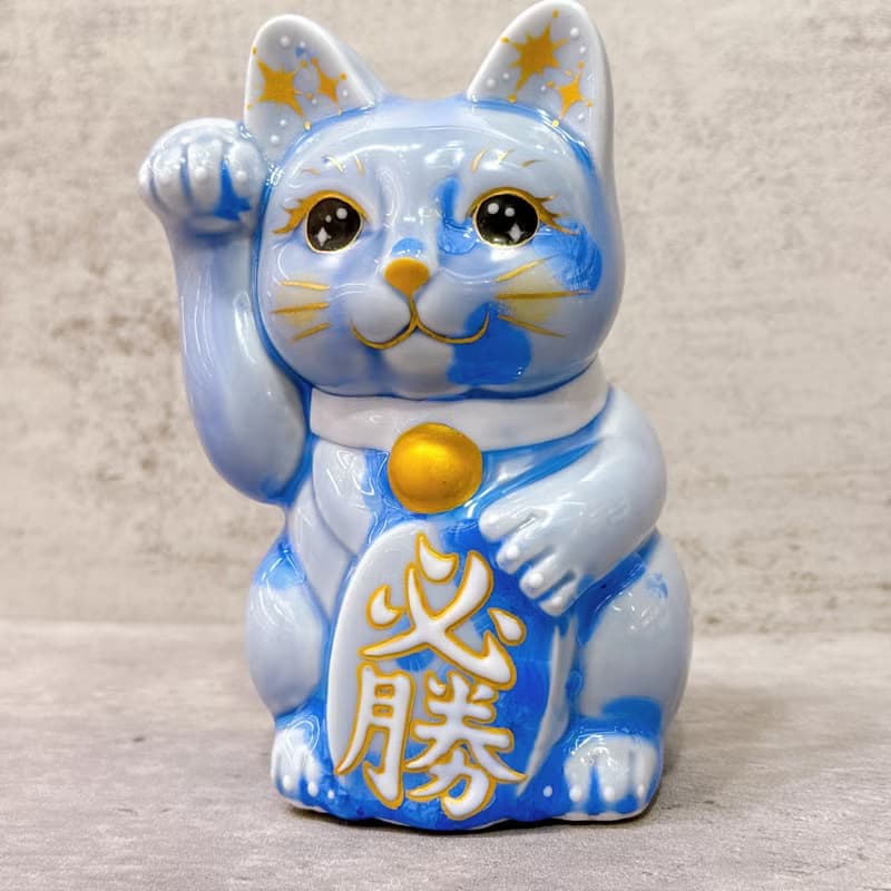 【青晶必勝】日本清水燒招財貓 | 花結晶 青 必勝 右