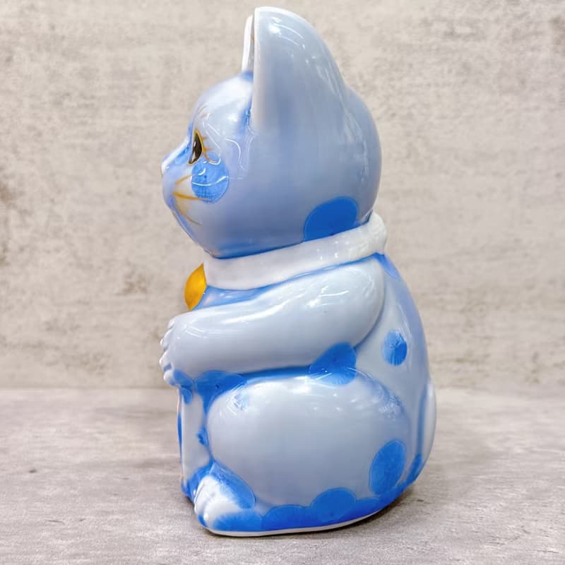【青晶必勝】日本清水燒招財貓 | 花結晶 青 必勝 右