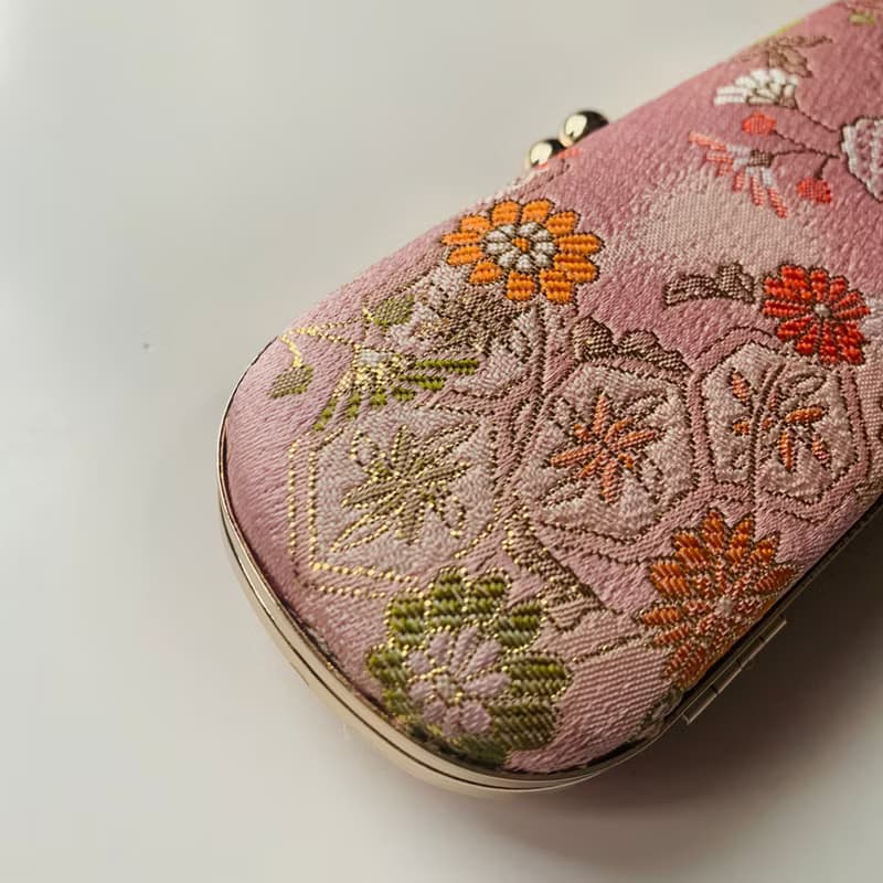 日本粉紅織錦緞雛菊眼鏡盒/筆盒/首飾盒