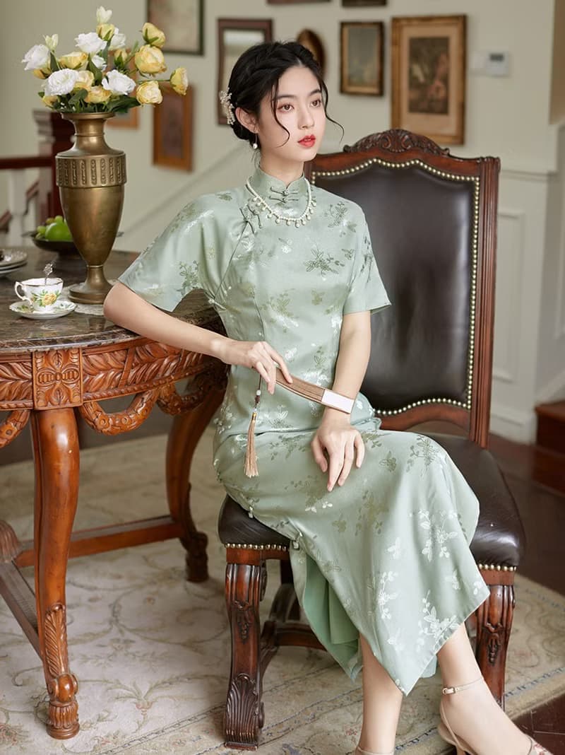 淺綠色 子衿 仿真絲提花開襟緞面旗袍 復古改良新中式國風洋裝