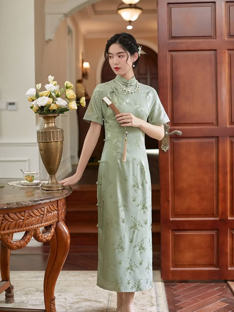 淺綠色 子衿 仿真絲提花開襟緞面旗袍 復古改良新中式國風洋裝