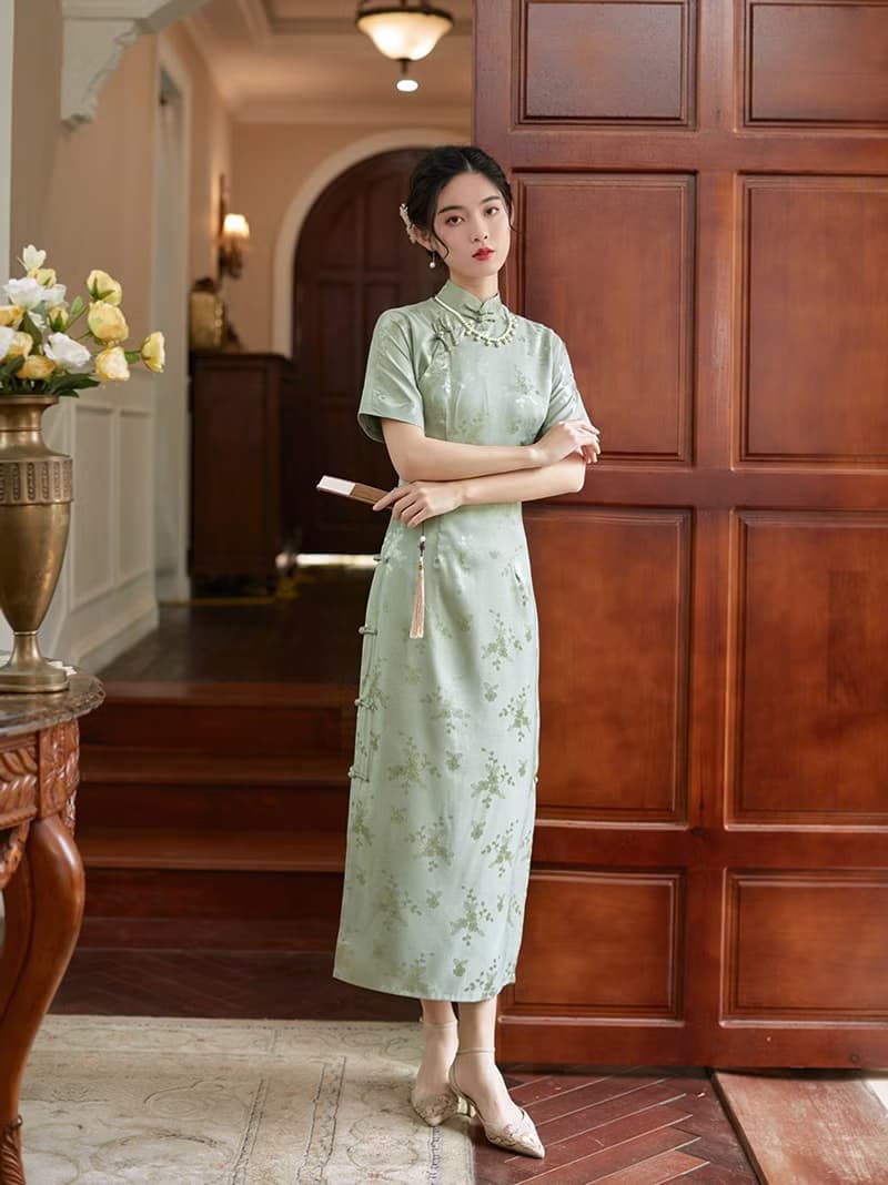 淺綠色 子衿 仿真絲提花開襟緞面旗袍 復古改良新中式國風洋裝