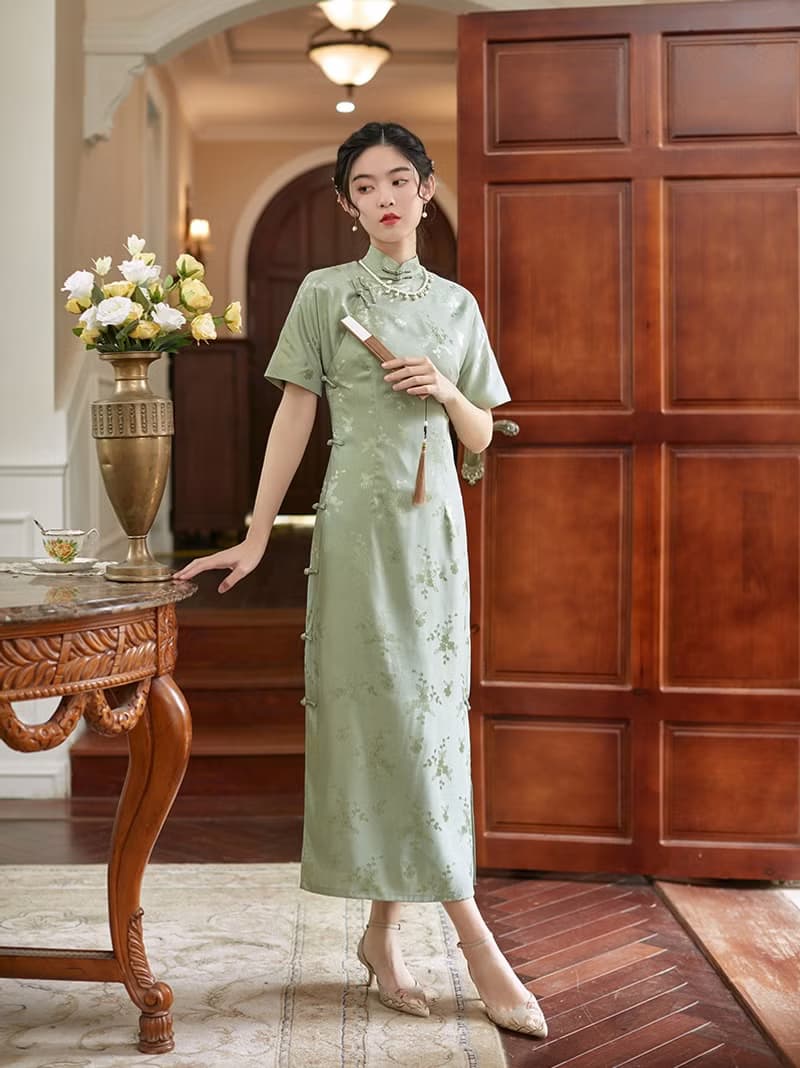 淺綠色 子衿 仿真絲提花開襟緞面旗袍 復古改良新中式國風洋裝