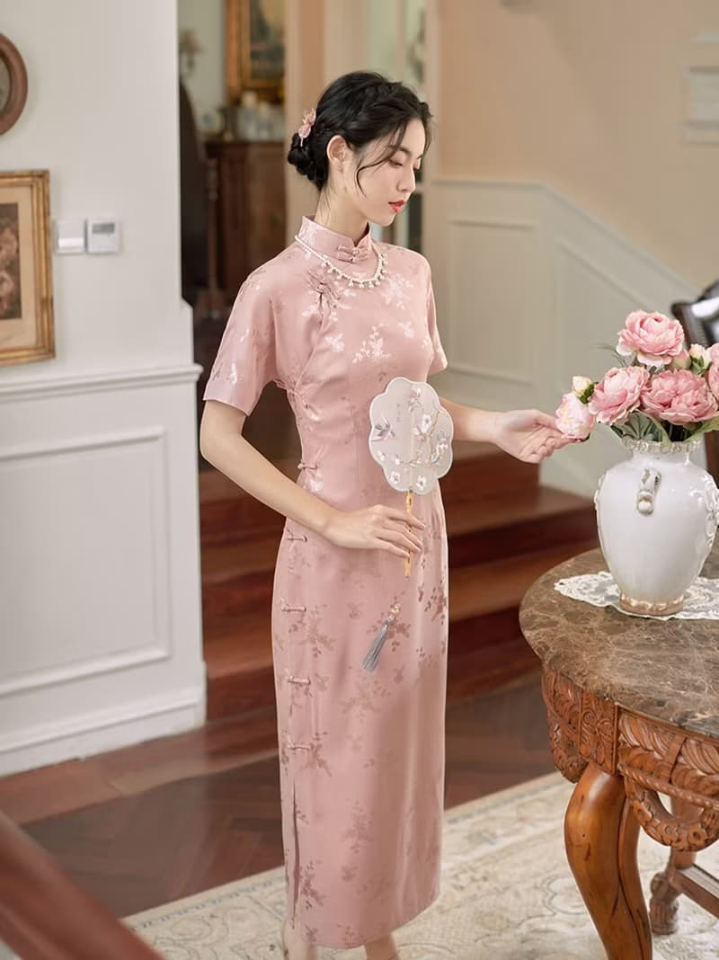 淺綠色 子衿 仿真絲提花開襟緞面旗袍 復古改良新中式國風洋裝