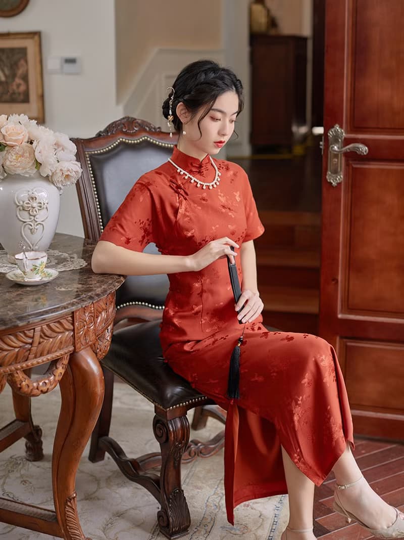 淺綠色 子衿 仿真絲提花開襟緞面旗袍 復古改良新中式國風洋裝
