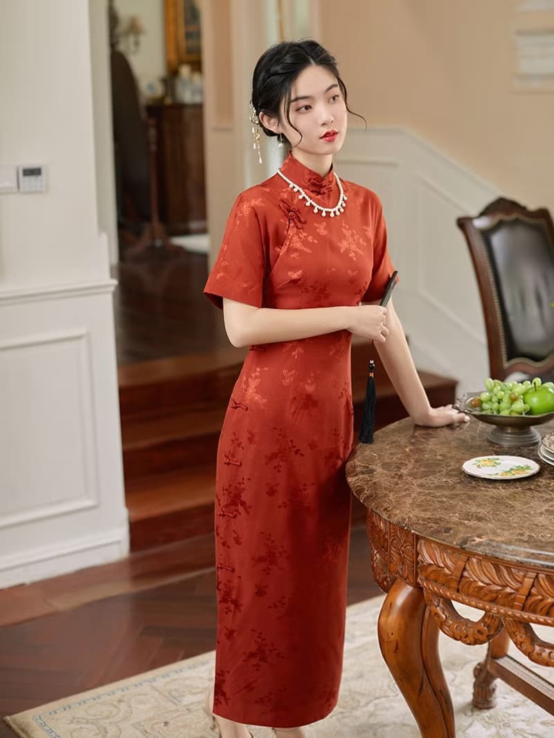 淺綠色 子衿 仿真絲提花開襟緞面旗袍 復古改良新中式國風洋裝