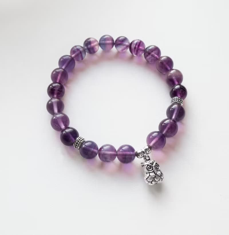 螢石 貓頭鷹 純銀 天然石手鍊 I提升學習、工作效率 穩定情緒