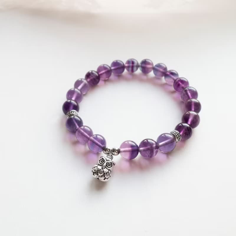 螢石 貓頭鷹 純銀 天然石手鍊 I提升學習、工作效率 穩定情緒