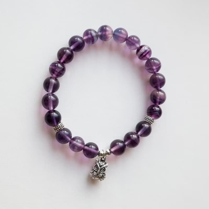 螢石 貓頭鷹 純銀 天然石手鍊 I提升學習、工作效率 穩定情緒