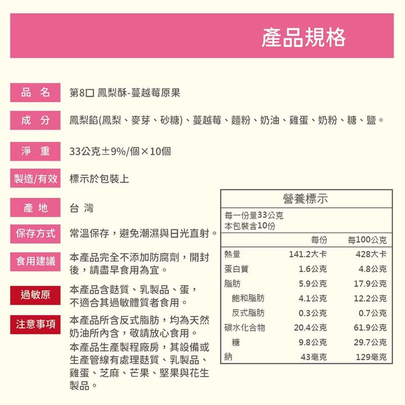 【第8口】  蔓越莓鳳梨酥