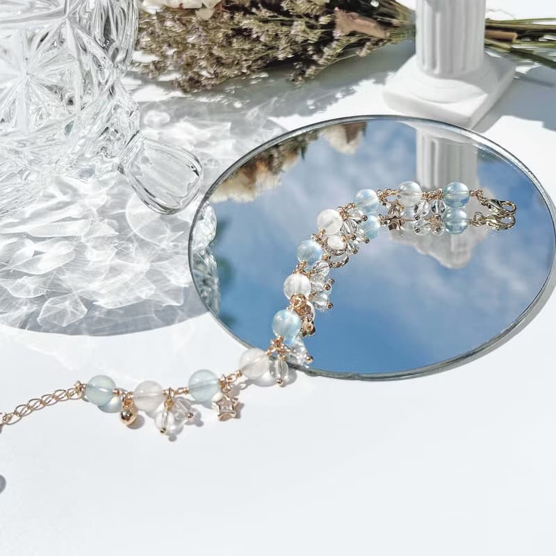 海藍寶 月光石 白水晶 14k包金 天然水晶手鍊