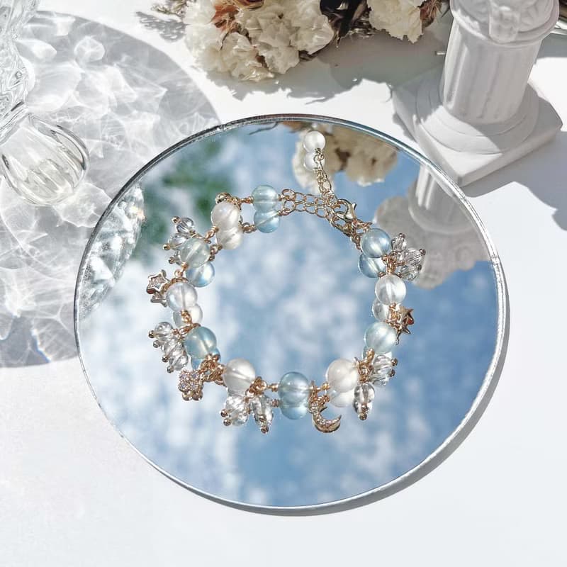 海藍寶 月光石 白水晶 14k包金 天然水晶手鍊