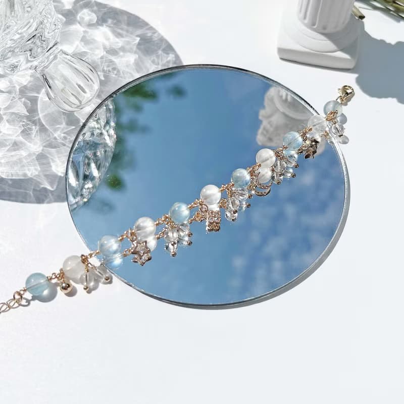 海藍寶 月光石 白水晶 14k包金 天然水晶手鍊