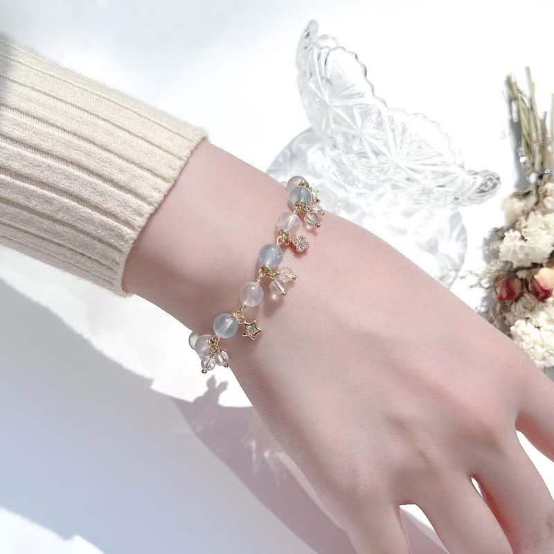 海藍寶 月光石 白水晶 14k包金 天然水晶手鍊