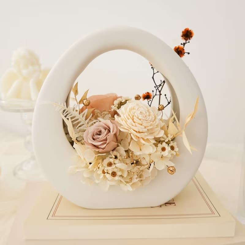 永生花特色O型小提籃-奶茶色