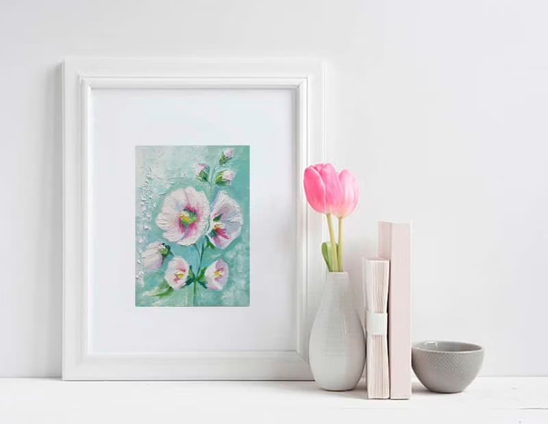 Mallow Bouquet Original Painting Flower Art Floral Gift Idea 手工油畫, 油畫原作