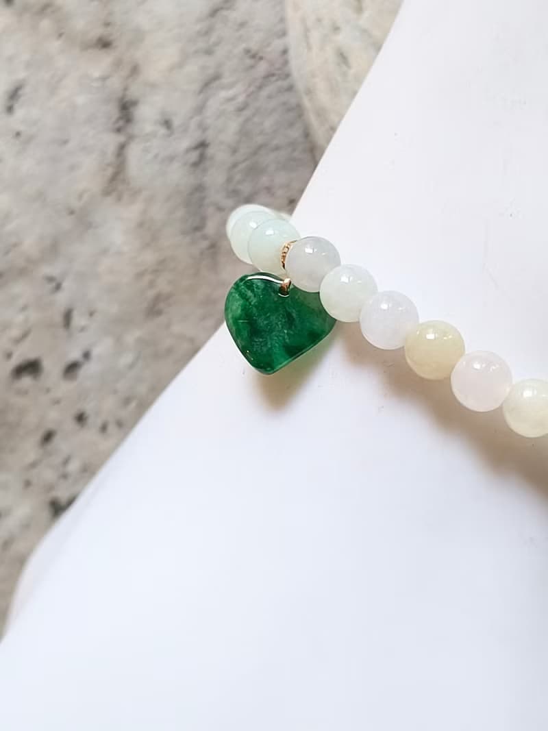 Ore jewelry設計 天然緬甸翡翠 冰種多色串珠 18k金扣心型全綠吊