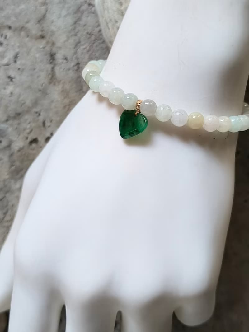 Ore jewelry設計 天然緬甸翡翠 冰種多色串珠 18k金扣心型全綠吊