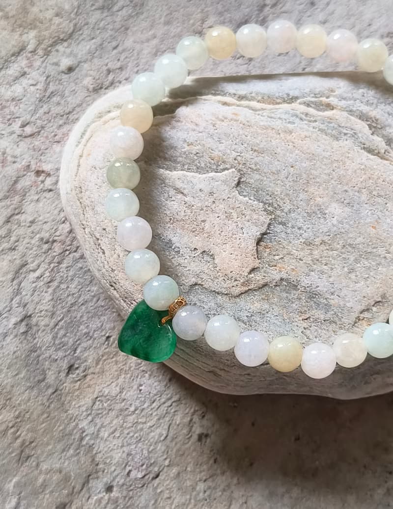 Ore jewelry設計 天然緬甸翡翠 冰種多色串珠 18k金扣心型全綠吊