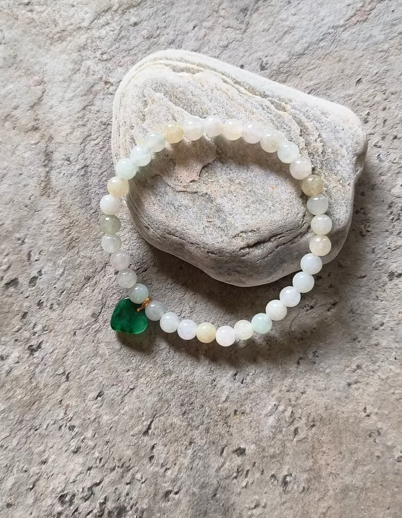Ore jewelry設計 天然緬甸翡翠 冰種多色串珠 18k金扣心型全綠吊