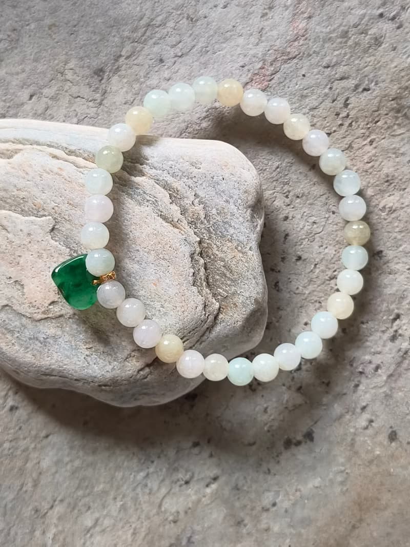 Ore jewelry設計 天然緬甸翡翠 冰種多色串珠 18k金扣心型全綠吊