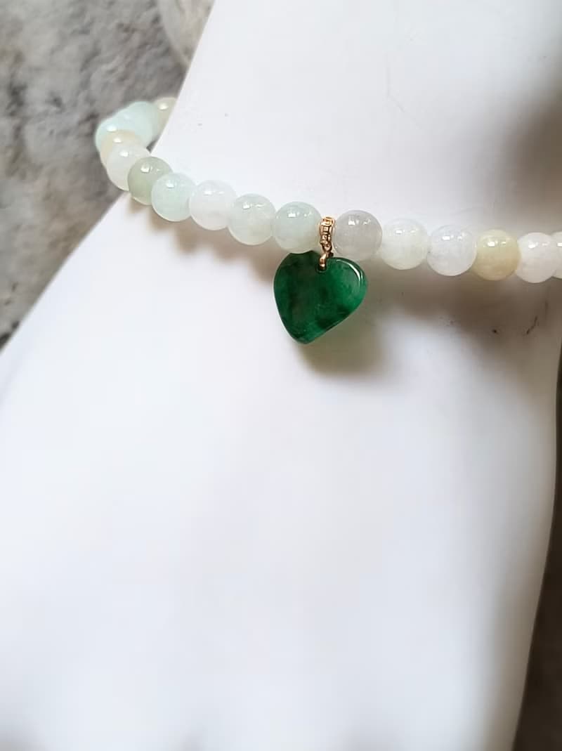 Ore jewelry設計 天然緬甸翡翠 冰種多色串珠 18k金扣心型全綠吊