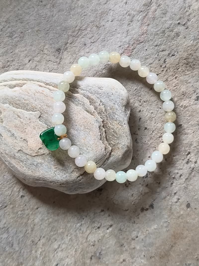 Ore jewelry設計 天然緬甸翡翠 冰種多色串珠 18k金扣心型全綠吊