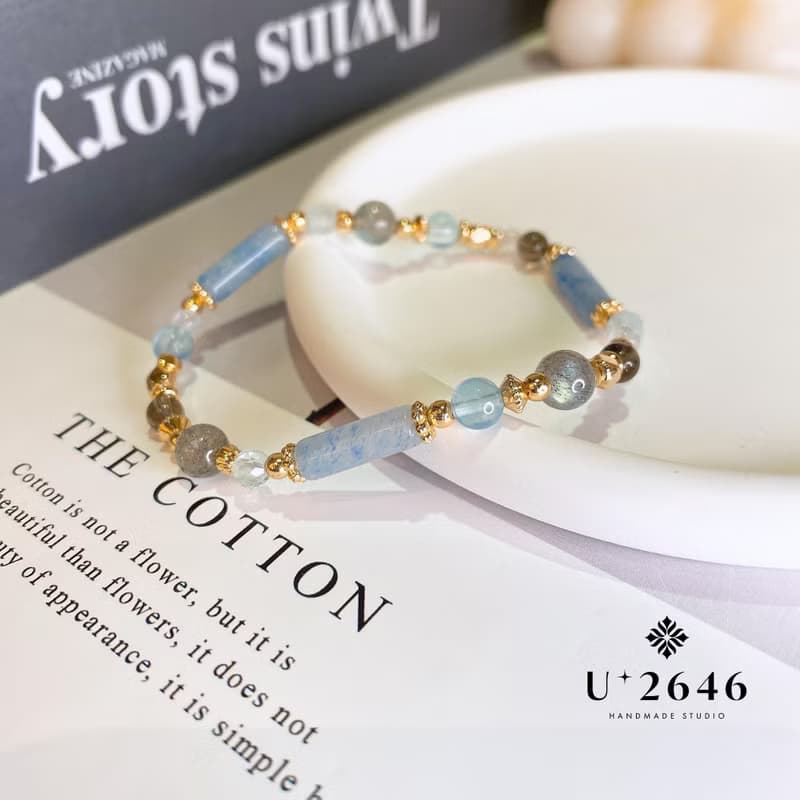 如粟 藍東陵 海藍寶 灰月光 茶晶 月光石 水晶彈性手環