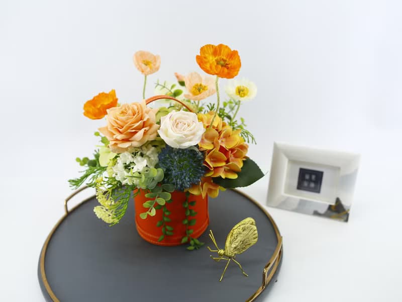 橘玫瑰皮革籃香氛花藝/花禮/擬真花/禮物/永不凋零