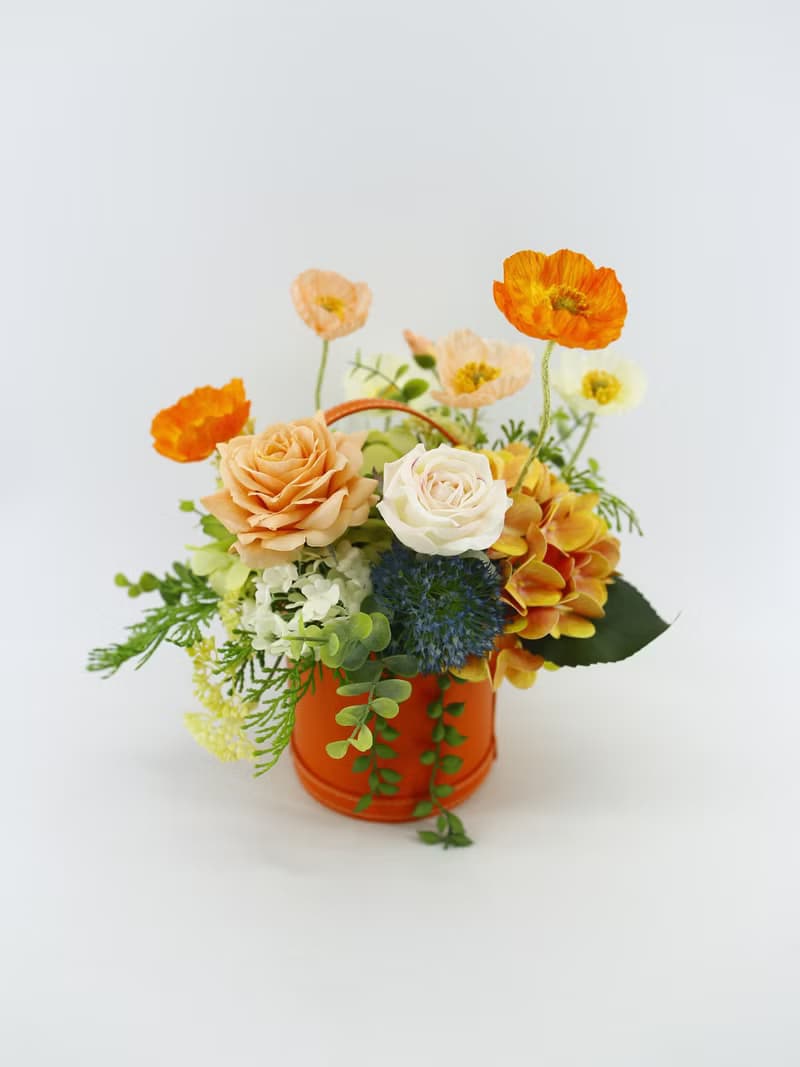 橘玫瑰皮革籃香氛花藝/花禮/擬真花/禮物/永不凋零