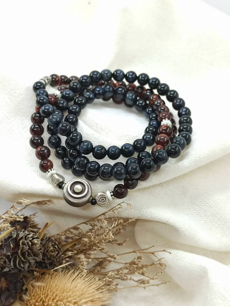 【108顆念珠系列 / 獨一商品】紅虎眼石+藍虎眼石純銀隔珠手串