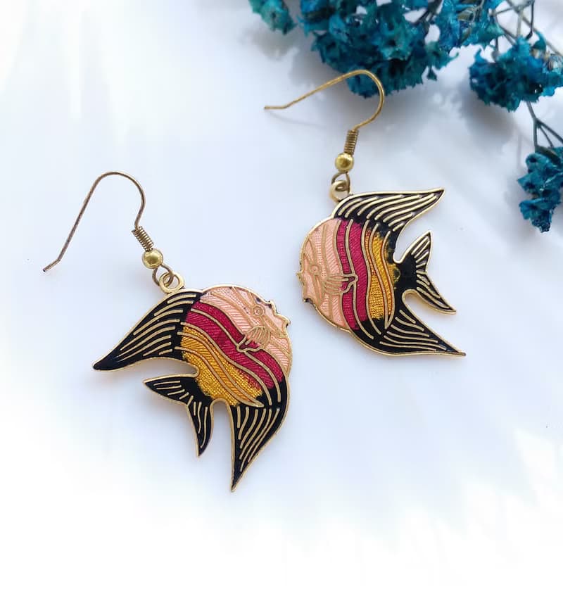 Vintage Jewelry 西洋古董飾品 熱帶魚款 景泰藍 耳勾 針式耳環