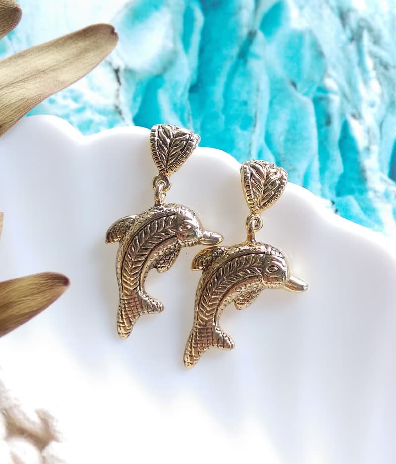 Vintage Jewelry 西洋古董飾品 金色調 可愛 小海豚 針式耳環