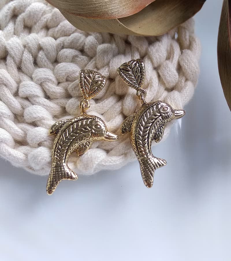 Vintage Jewelry 西洋古董飾品 金色調 可愛 小海豚 針式耳環