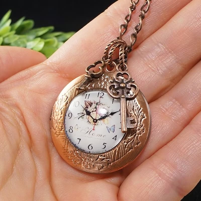 Round Copper Locket Necklace Home Key Charm Watch Face Pendant Necklace Jewelry
