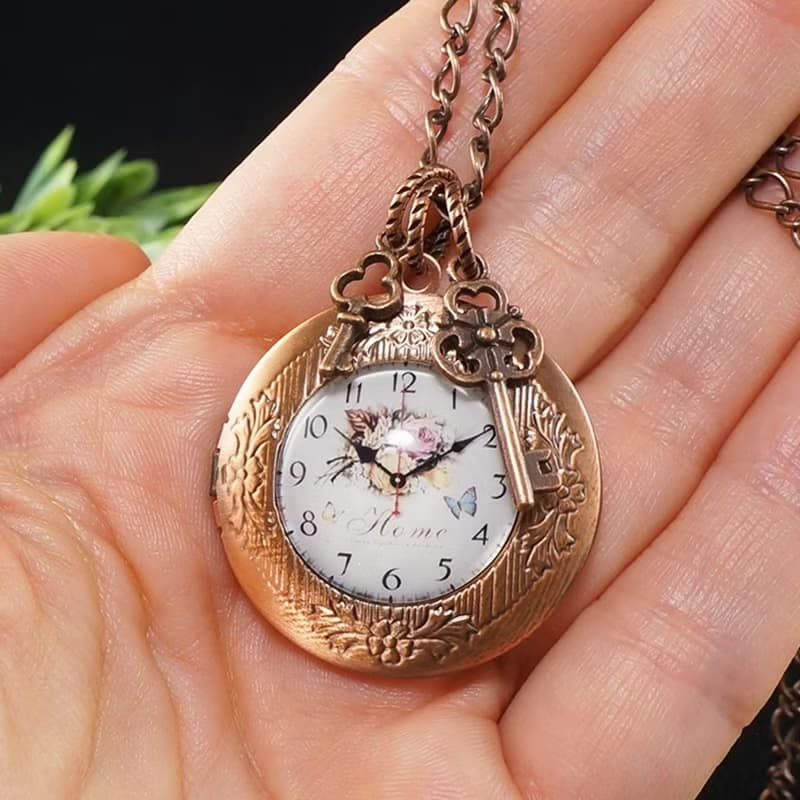 Round Copper Locket Necklace Home Key Charm Watch Face Pendant Necklace Jewelry