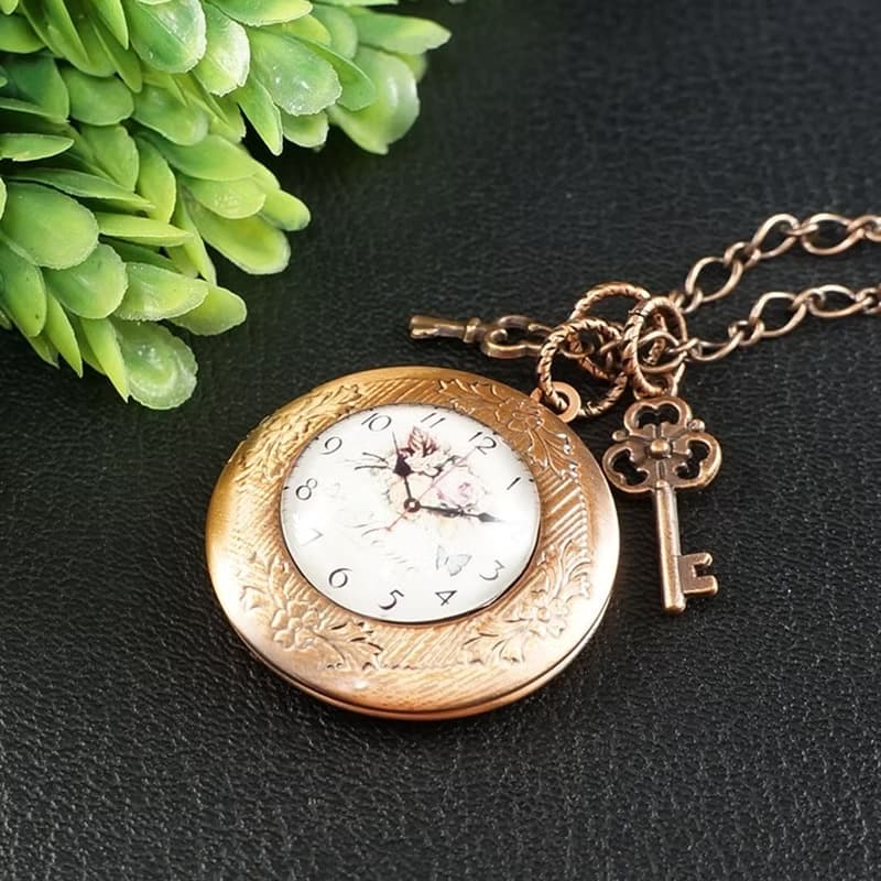 Round Copper Locket Necklace Home Key Charm Watch Face Pendant Necklace Jewelry