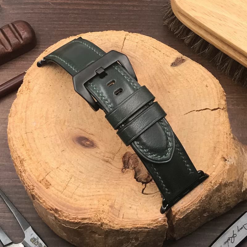 【AppleWatch錶帶】綠色小牛皮/法國防汗皮/真皮皮革