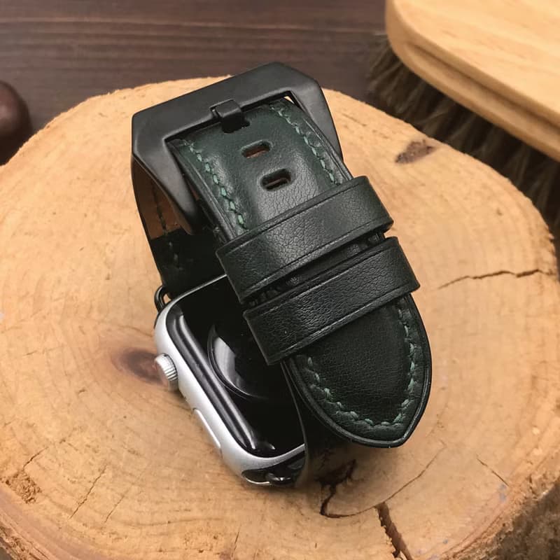 【AppleWatch錶帶】綠色小牛皮/法國防汗皮/真皮皮革