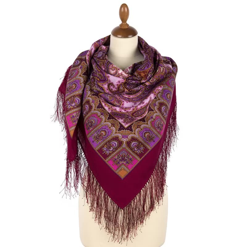 Pavlovo Posad Russian Shawl 100% Wool Scarf 125x125 cm Wrap Silk Fringe 1344-6
