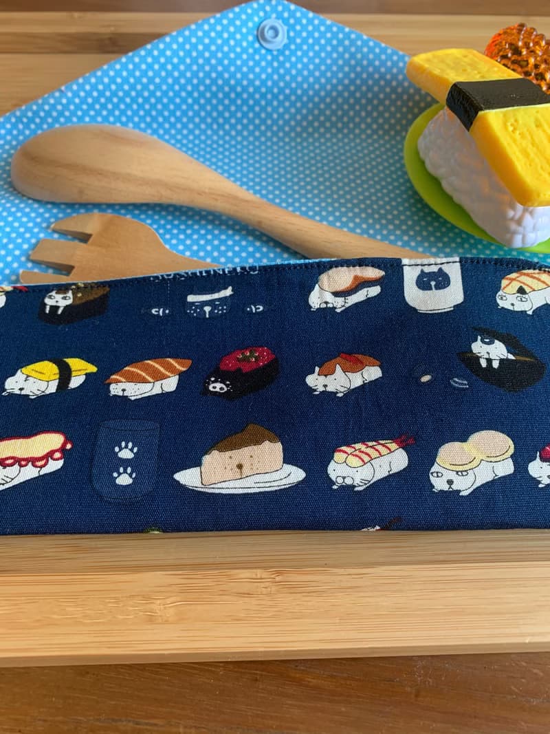 文青風環保筷袋  美味定食 沈靜藍 手作餐具袋.交換禮物.