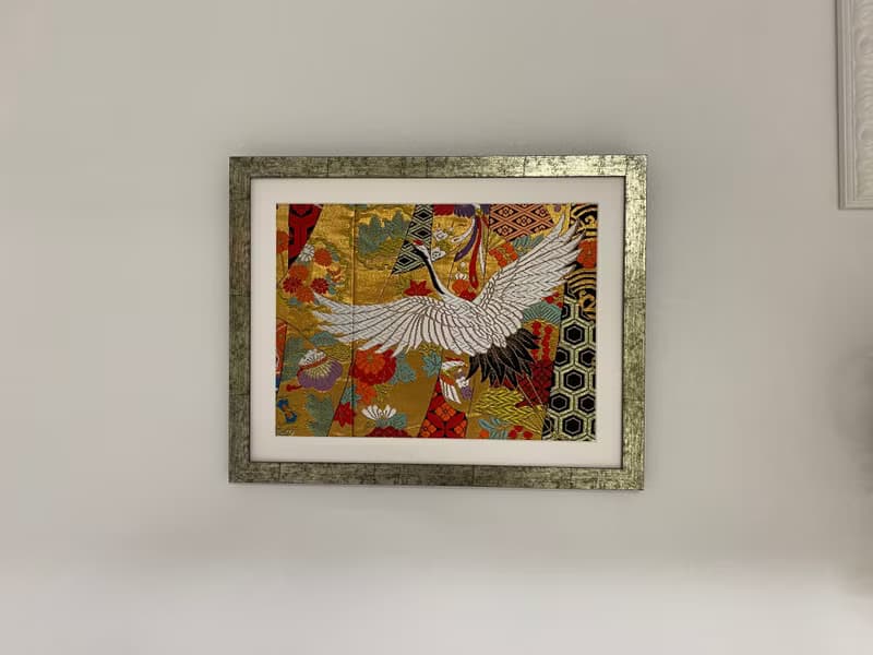 色打掛からつくるアートパネル　vintage 刺繍着物 和モダン 和風インテリア プレゼント 鶴 結婚祝 新築祝 長寿祝 縁起物 額装インテリア　045