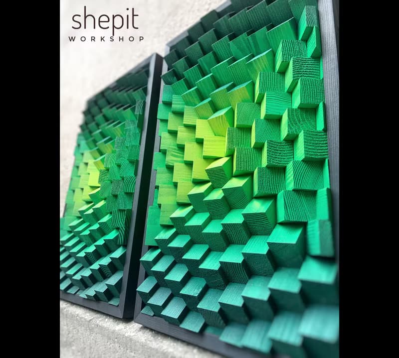 Set of 2 Artwork - 3D Wood Wall Art - Acoustic Panels - Green Decor - Music Room