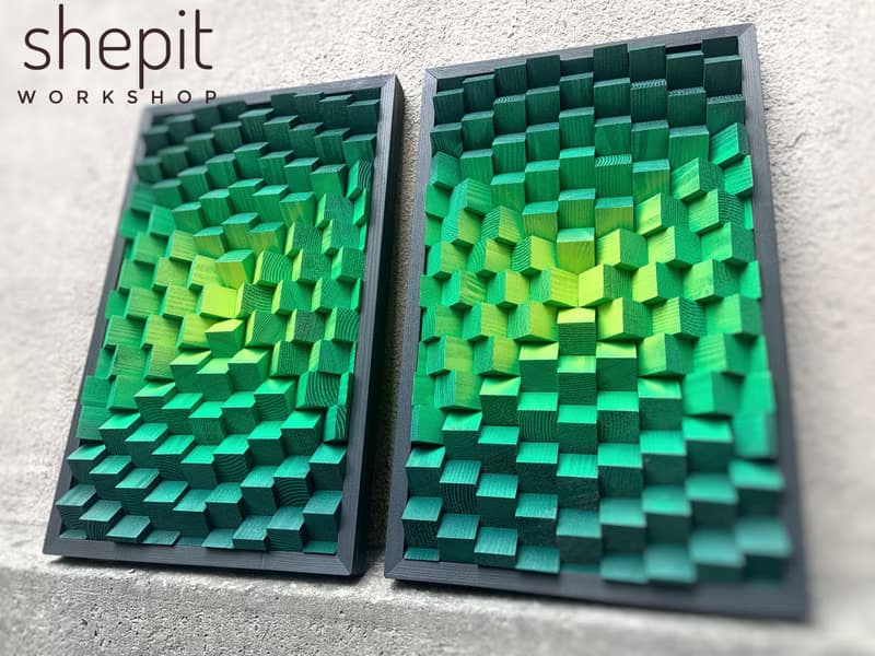 Set of 2 Artwork - 3D Wood Wall Art - Acoustic Panels - Green Decor - Music Room