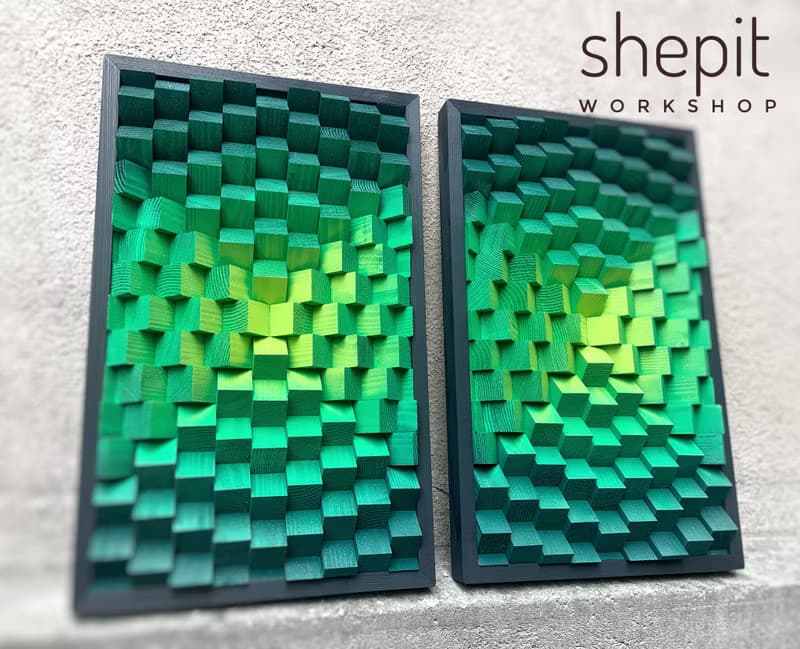 Set of 2 Artwork - 3D Wood Wall Art - Acoustic Panels - Green Decor - Music Room