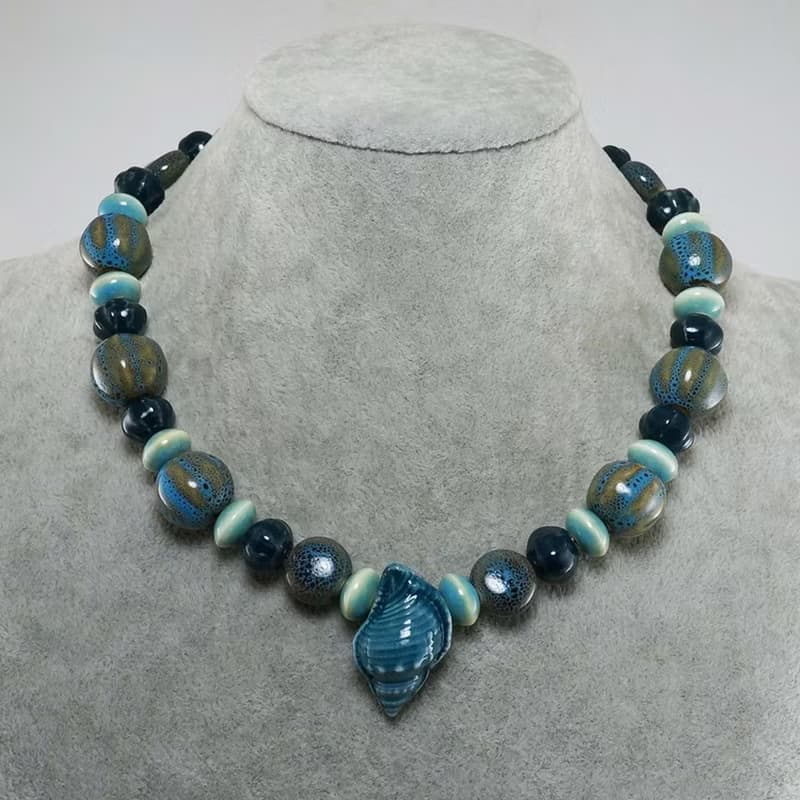 Teal Blue Green Shell Porcelain Ceramic Aroma Therapy Bottle Necklace Jewelry