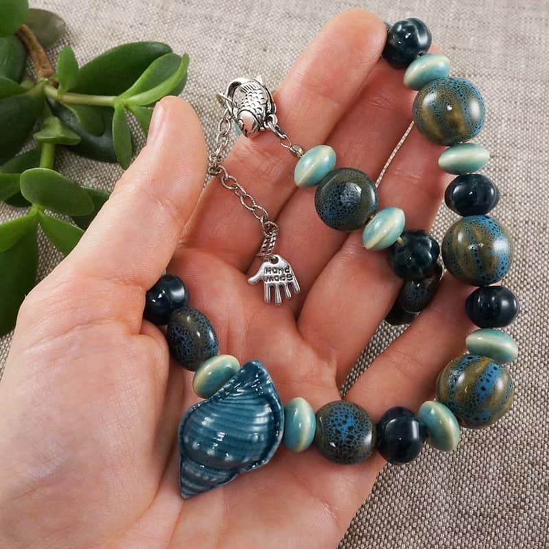 Teal Blue Green Shell Porcelain Ceramic Aroma Therapy Bottle Necklace Jewelry