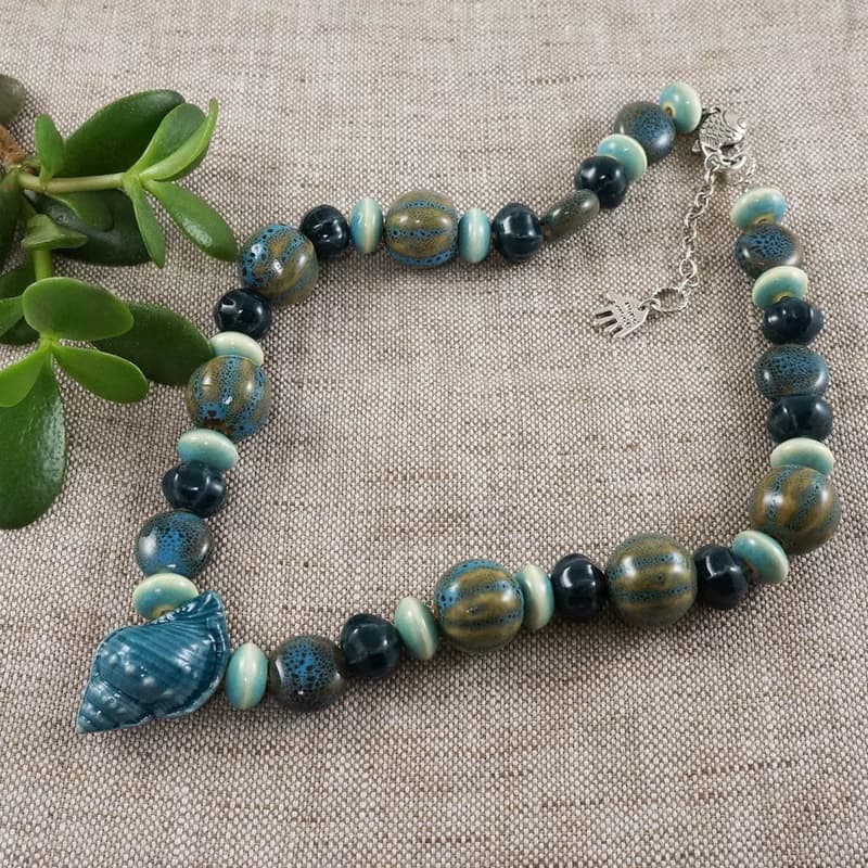 Teal Blue Green Shell Porcelain Ceramic Aroma Therapy Bottle Necklace Jewelry