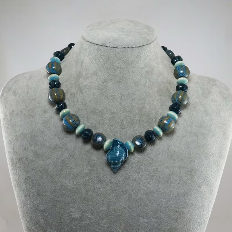 Teal Blue Green Shell Porcelain Ceramic Aroma Therapy Bottle Necklace Jewelry