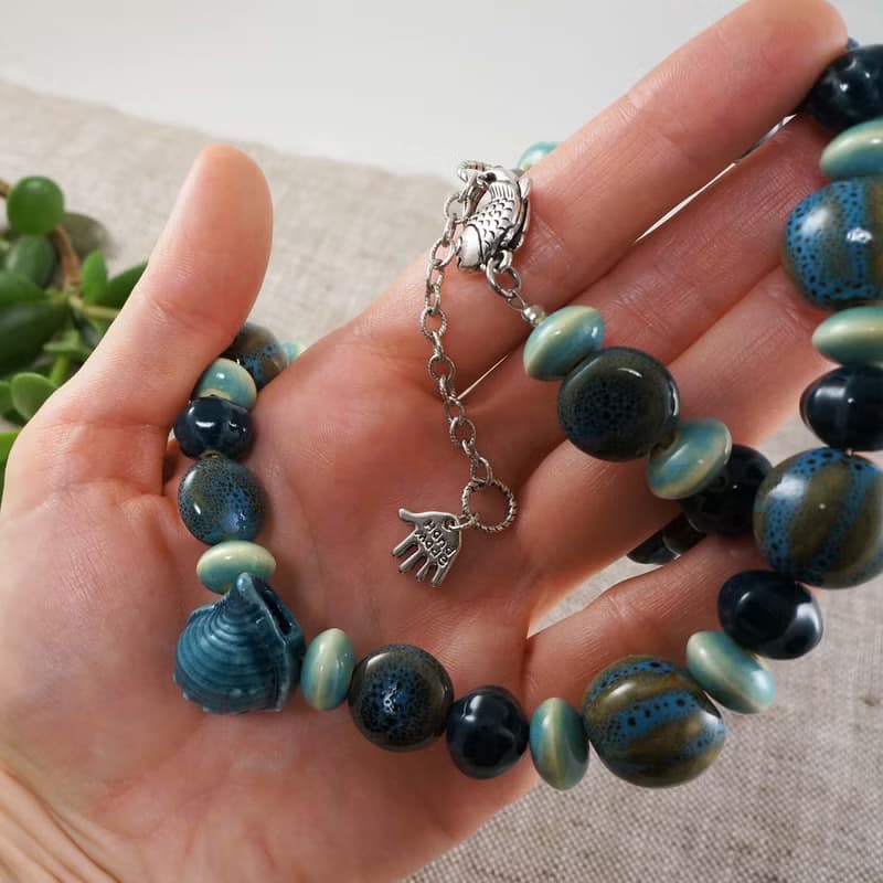 Teal Blue Green Shell Porcelain Ceramic Aroma Therapy Bottle Necklace Jewelry